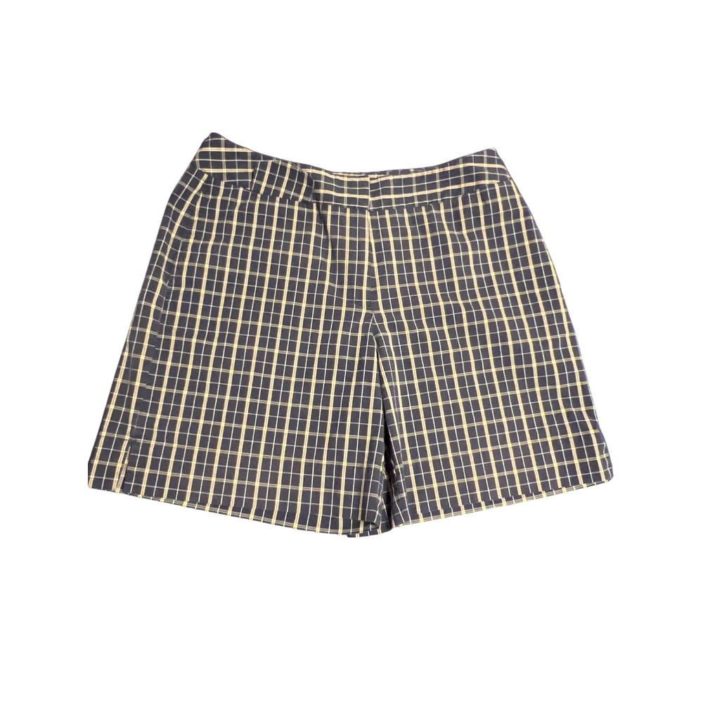 LizGolf Liz Claiborne Navy Blue Yellow Plaid Golf Shorts Womens 14 Mid Rise 8in